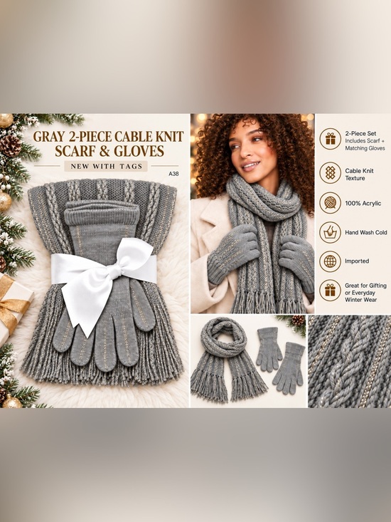 New York & Company Accessories - NEW YORK & CO  2 PC CABLE KNIT SCARF & GLOVES SET - GRAY (NEW WITH TAGS) A38